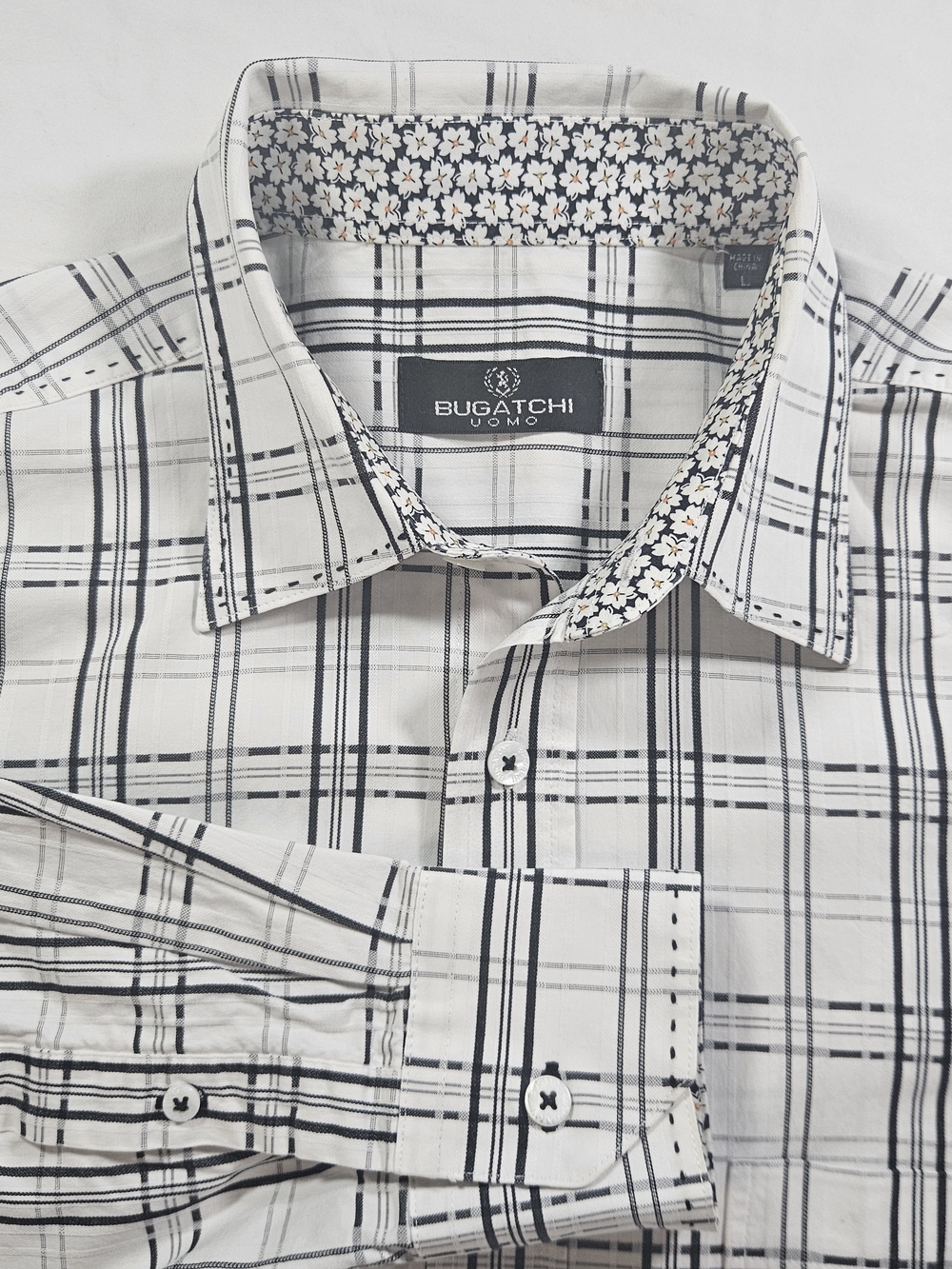 Bugatchi Black & White Plaid Floral Contrast Long-Sleeve Button-Up Shirt Large